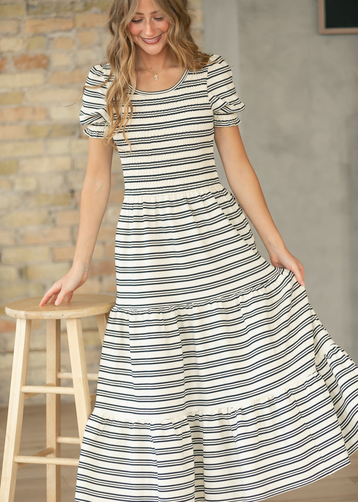 Penelope Navy Stripe Smocked Midi Dress IC Dresses