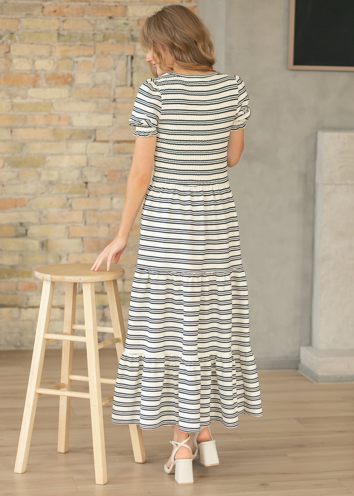 Penelope Navy Stripe Smocked Midi Dress IC Dresses