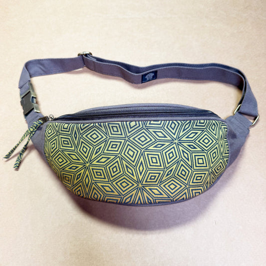Penrose Cubes Gradient Fanny Pack - Mathematical tiling waist bag with navy to lime gradient by Symbolika