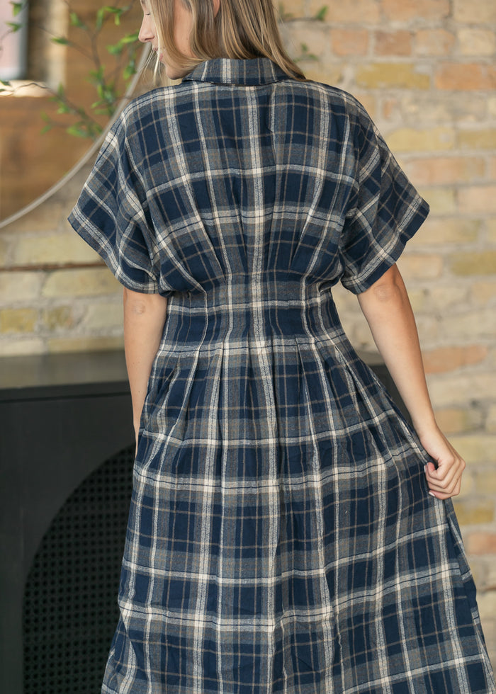 Pin-Tucked Waist Plaid Midi Dress FF Dresses