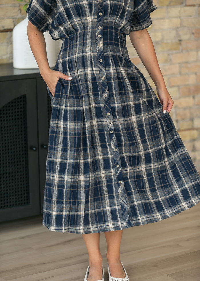 Pin-Tucked Waist Plaid Midi Dress FF Dresses