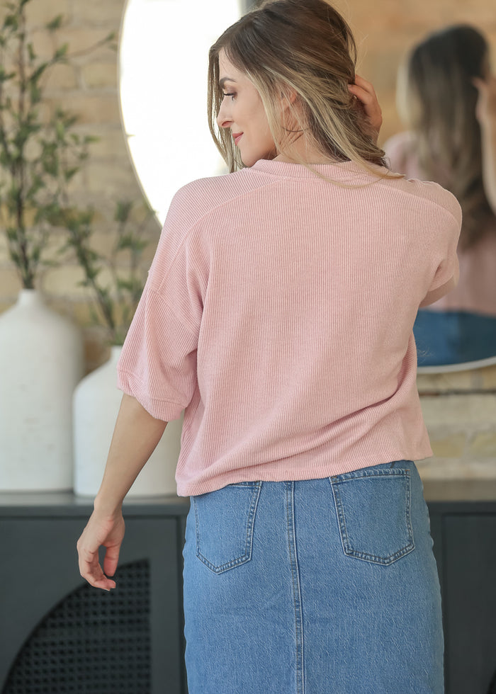 Pink Ribbed Knit Button Front Top FF Tops