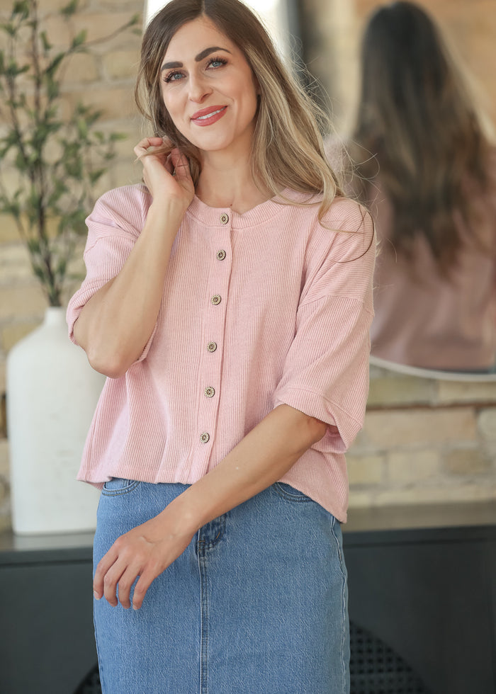 Pink Ribbed Knit Button Front Top FF Tops