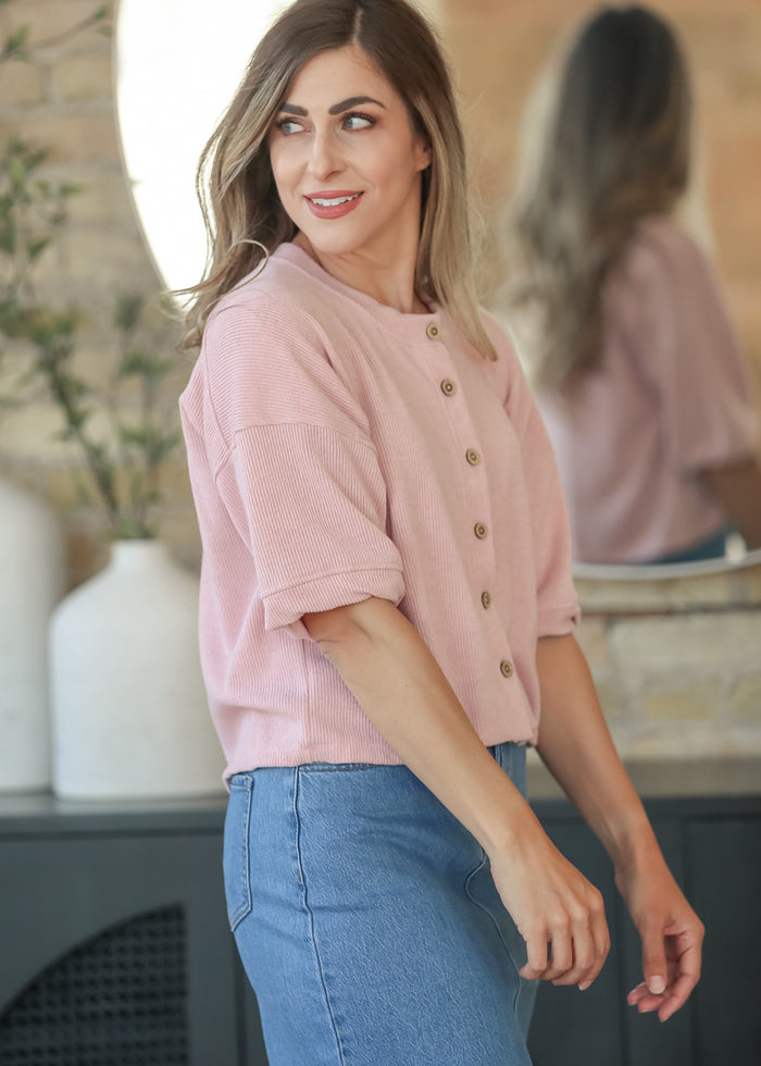 Pink Ribbed Knit Button Front Top FF Tops