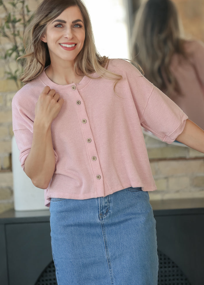 Pink Ribbed Knit Button Front Top FF Tops