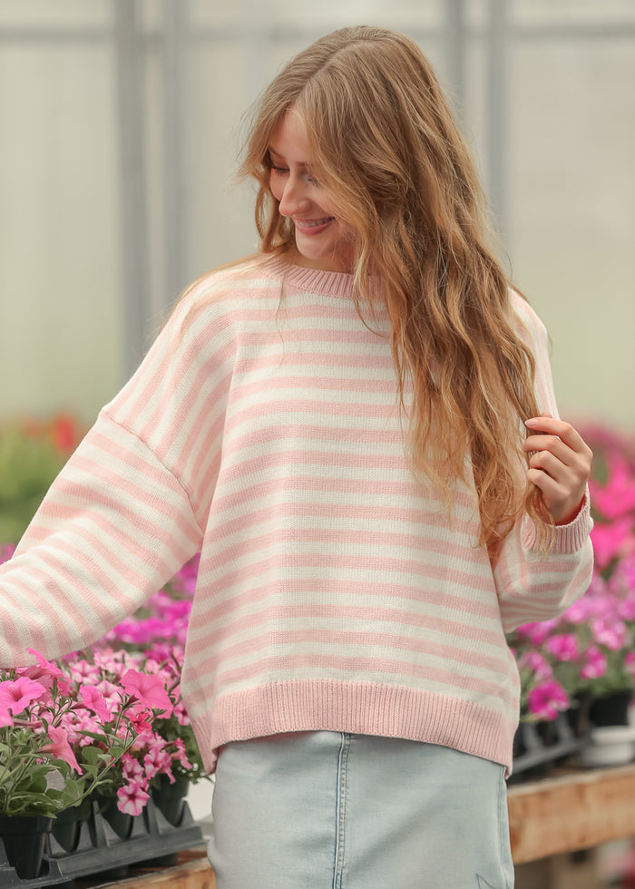 Pink Striped Oversize Knit Sweater FF Tops S