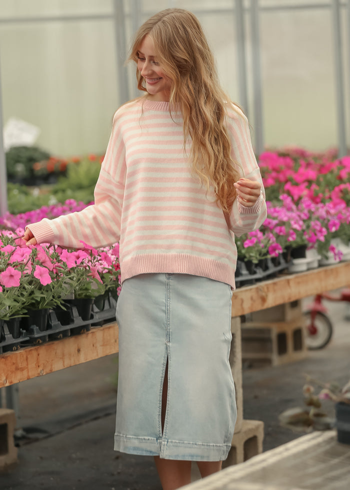 Pink Striped Oversize Knit Sweater FF Tops