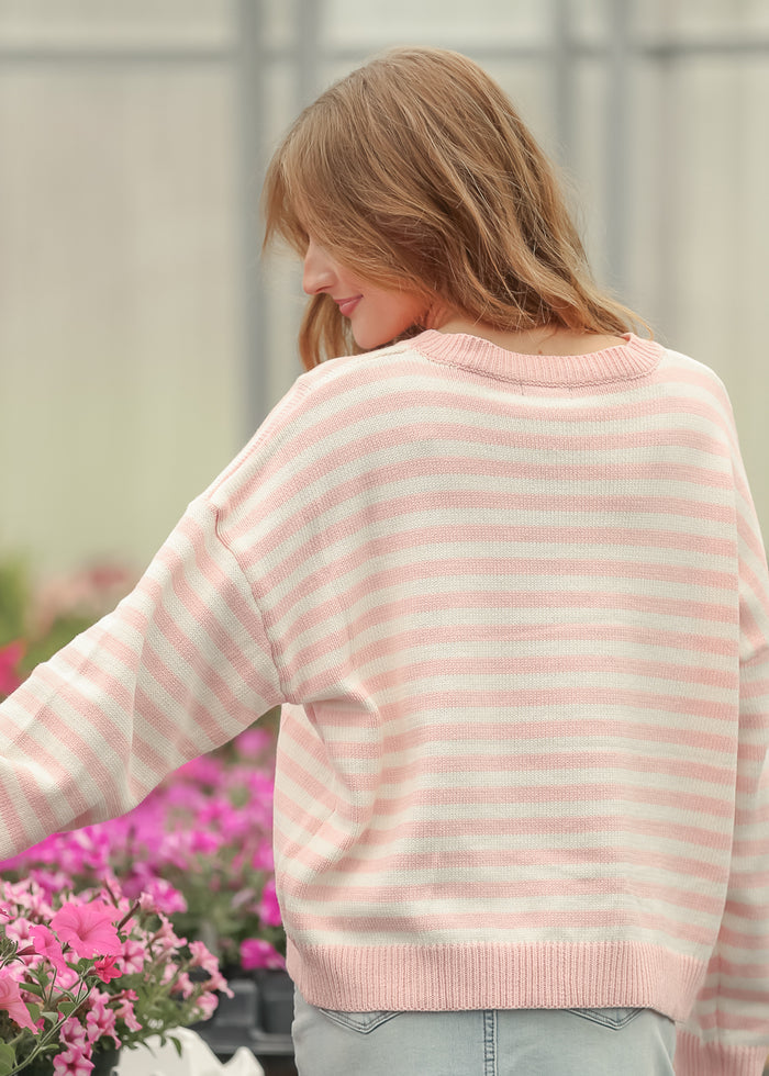 Pink Striped Oversize Knit Sweater FF Tops