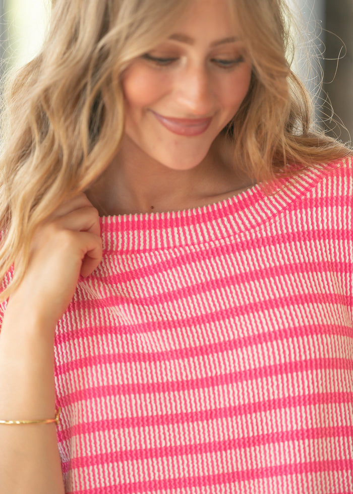 Pink Striped Rib Knit Dolman Top FF Tops
