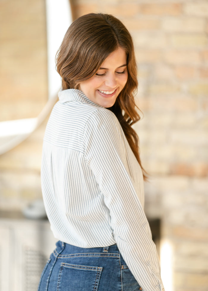 Pinstripe Cotton Button Up Top FF Tops