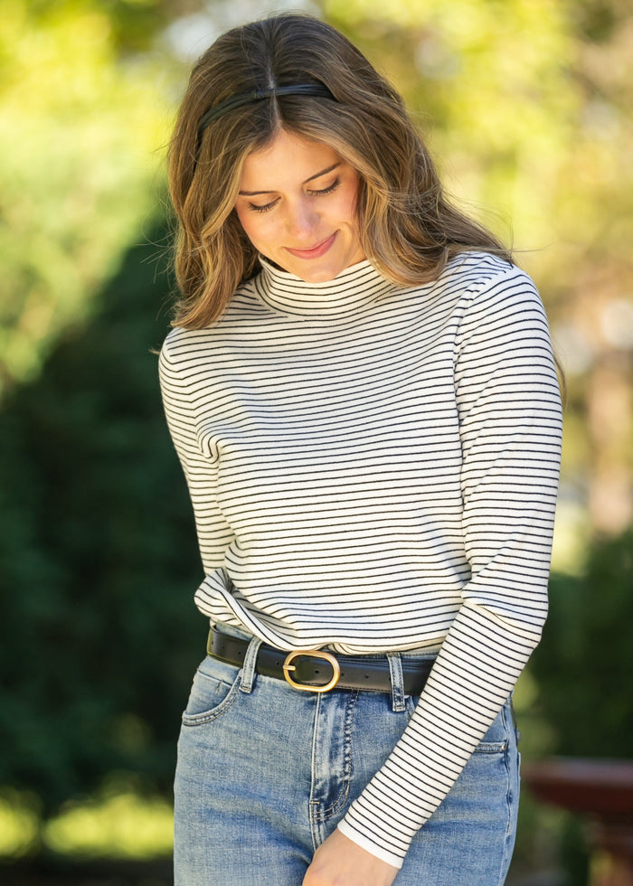 Pinstriped Mock Neck Sweater FF Tops