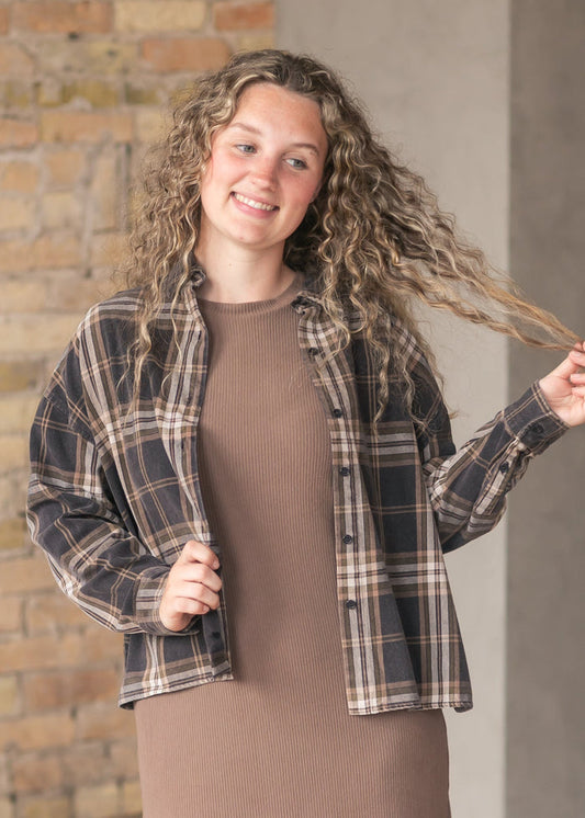 Plaid Button Down Long Sleeve Shirt FF Tops