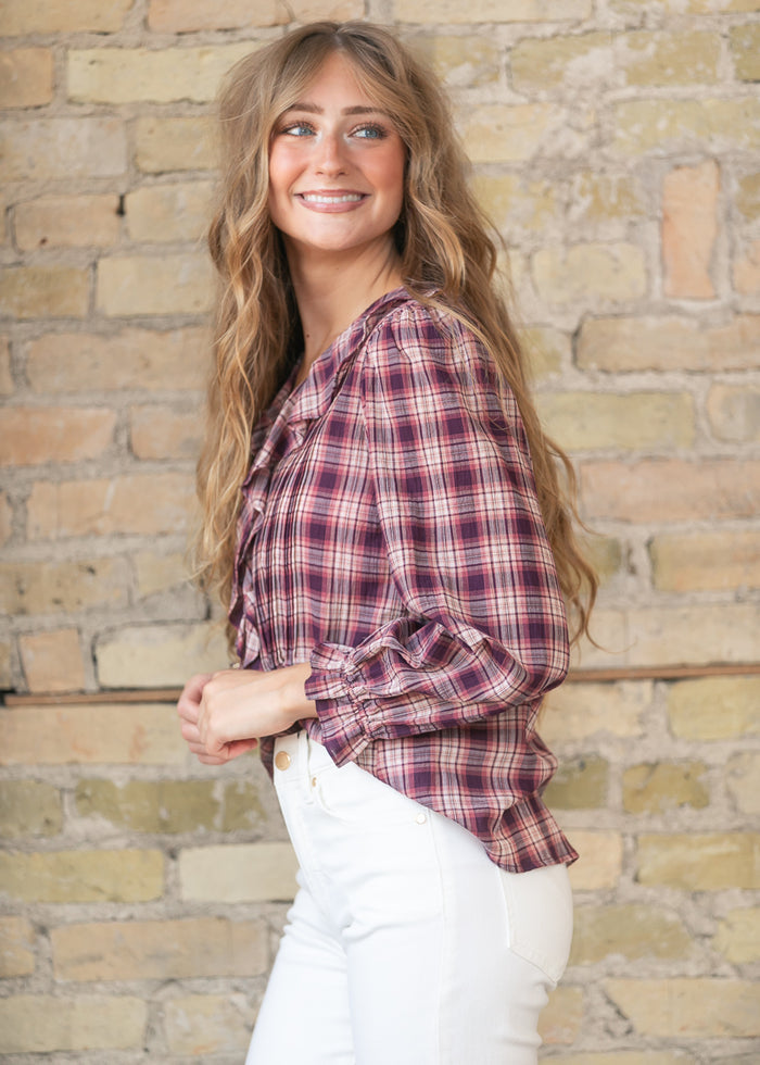 Plaid Print Ruffle Detail V-Neck Long Sleeve Blouse FF Tops