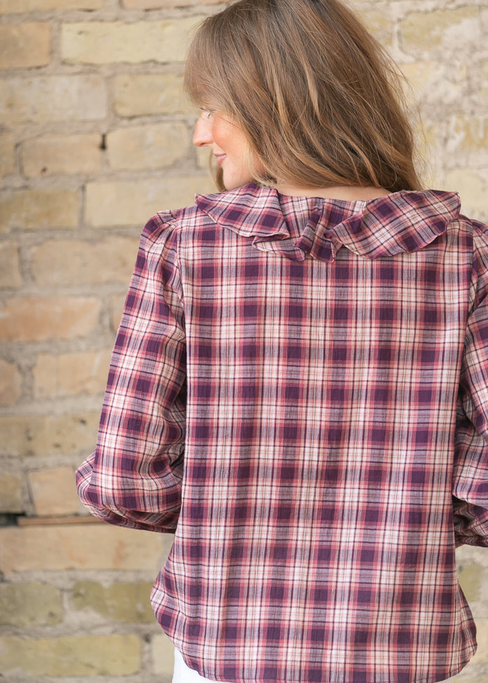 Plaid Print Ruffle Detail V-Neck Long Sleeve Blouse FF Tops