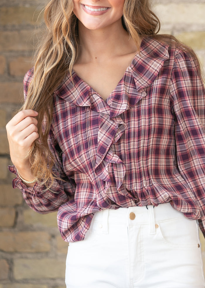 Plaid Print Ruffle Detail V-Neck Long Sleeve Blouse FF Tops