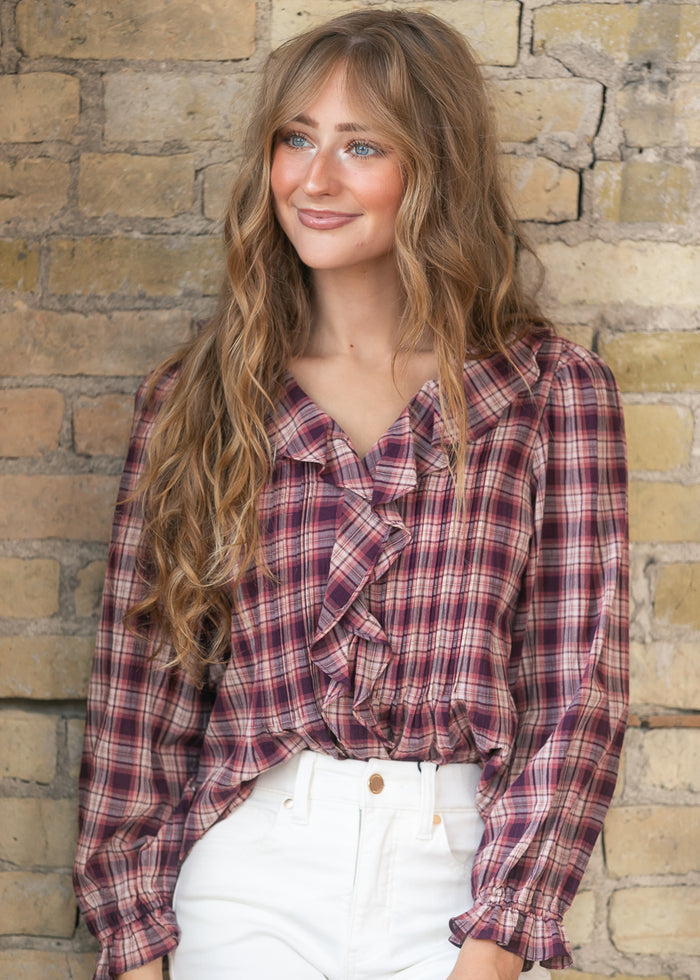 Plaid Print Ruffle Detail V-Neck Long Sleeve Blouse FF Tops