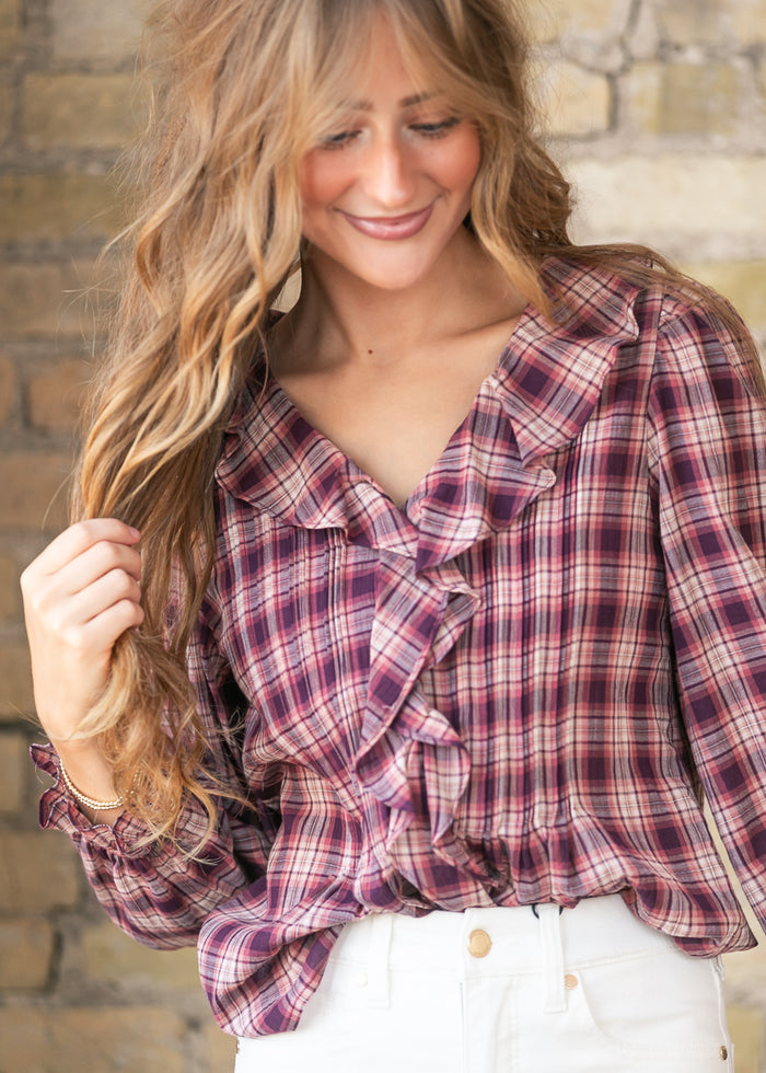 Plaid Print Ruffle Detail V-Neck Long Sleeve Blouse FF Tops