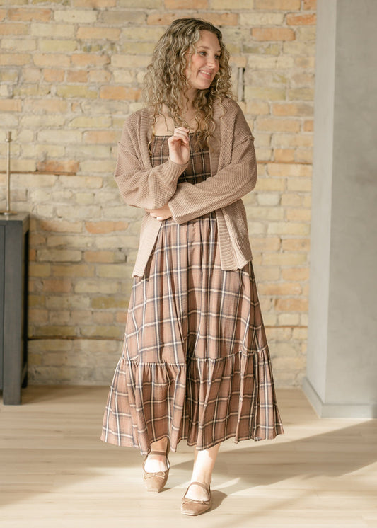 Plaid Smocked Cap Sleeve Midi Dress FF Dresses