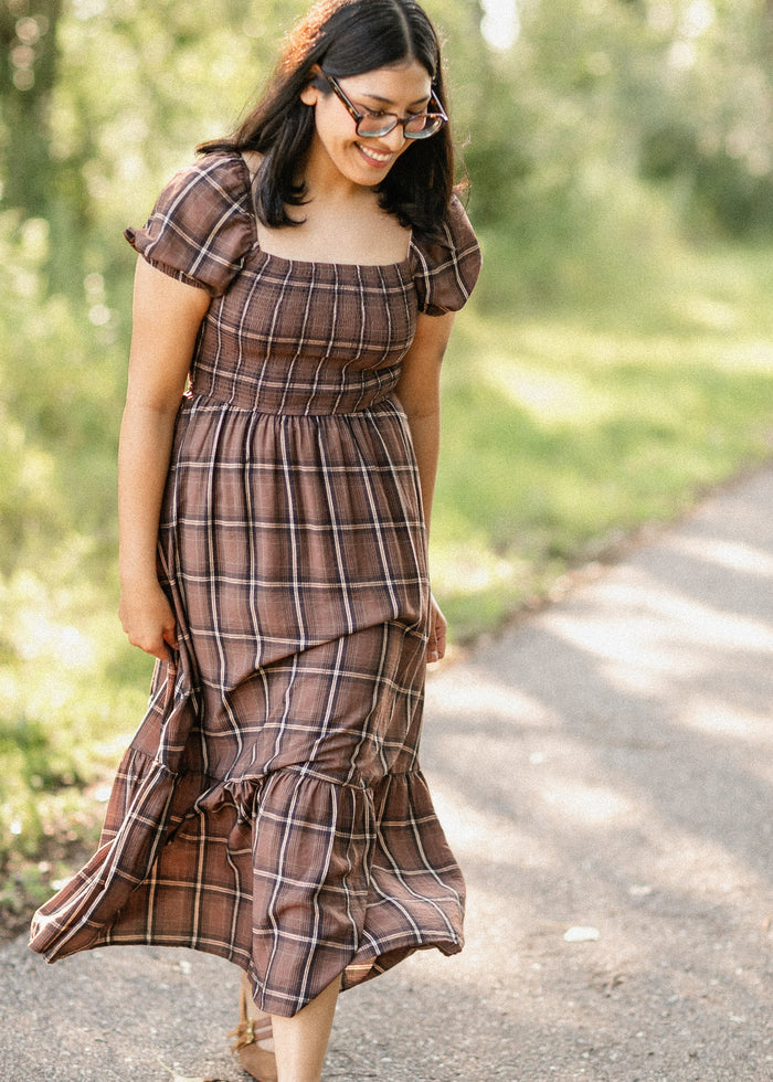 Plaid Smocked Cap Sleeve Midi Dress FF Dresses