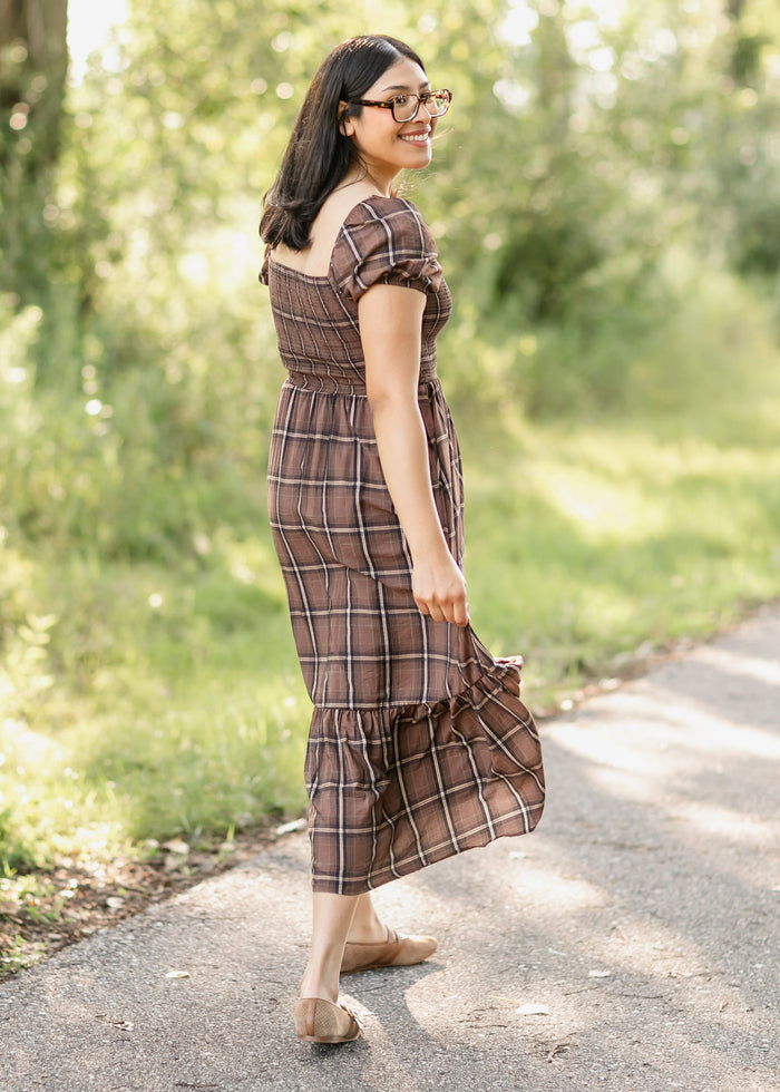 Plaid Smocked Cap Sleeve Midi Dress FF Dresses