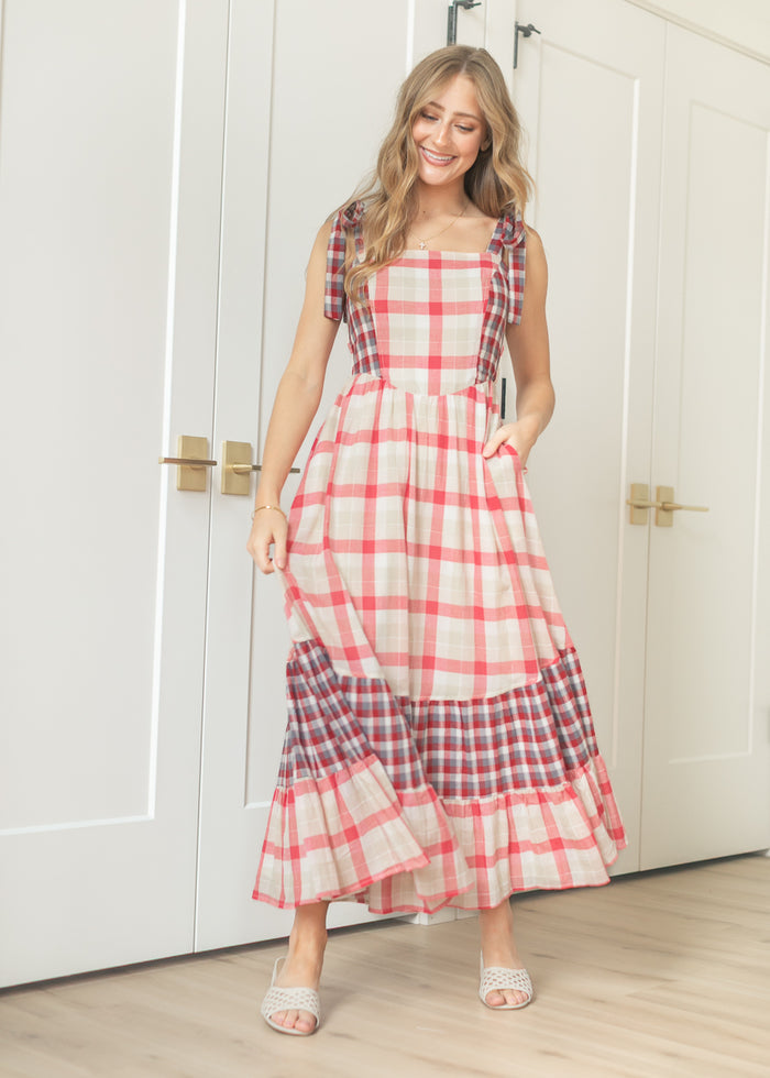 Plaid Tie Shoulder Maxi Dress FF Dresses