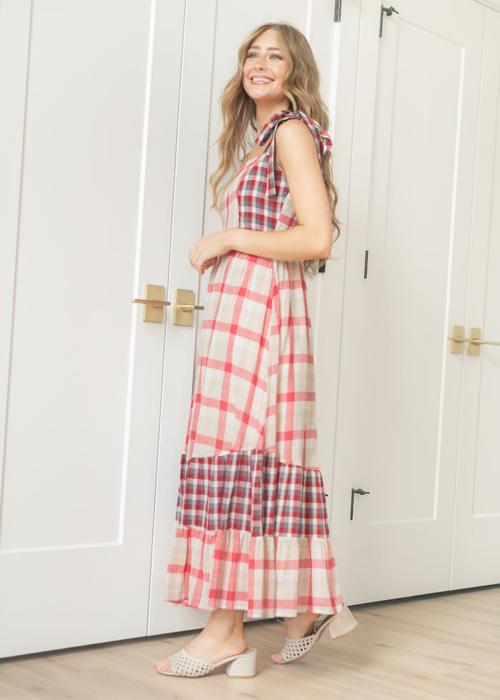 Plaid Tie Shoulder Maxi Dress FF Dresses