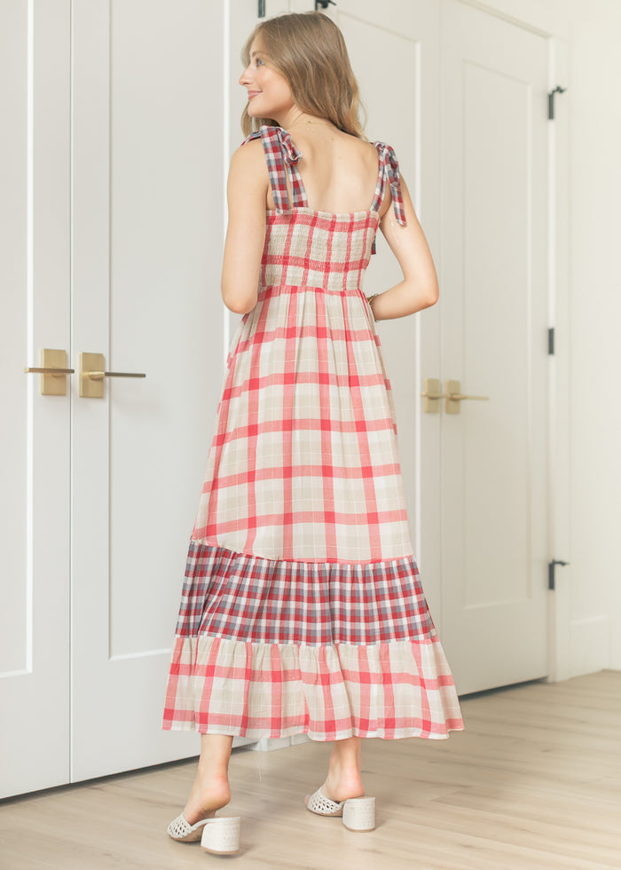 Plaid Tie Shoulder Maxi Dress FF Dresses