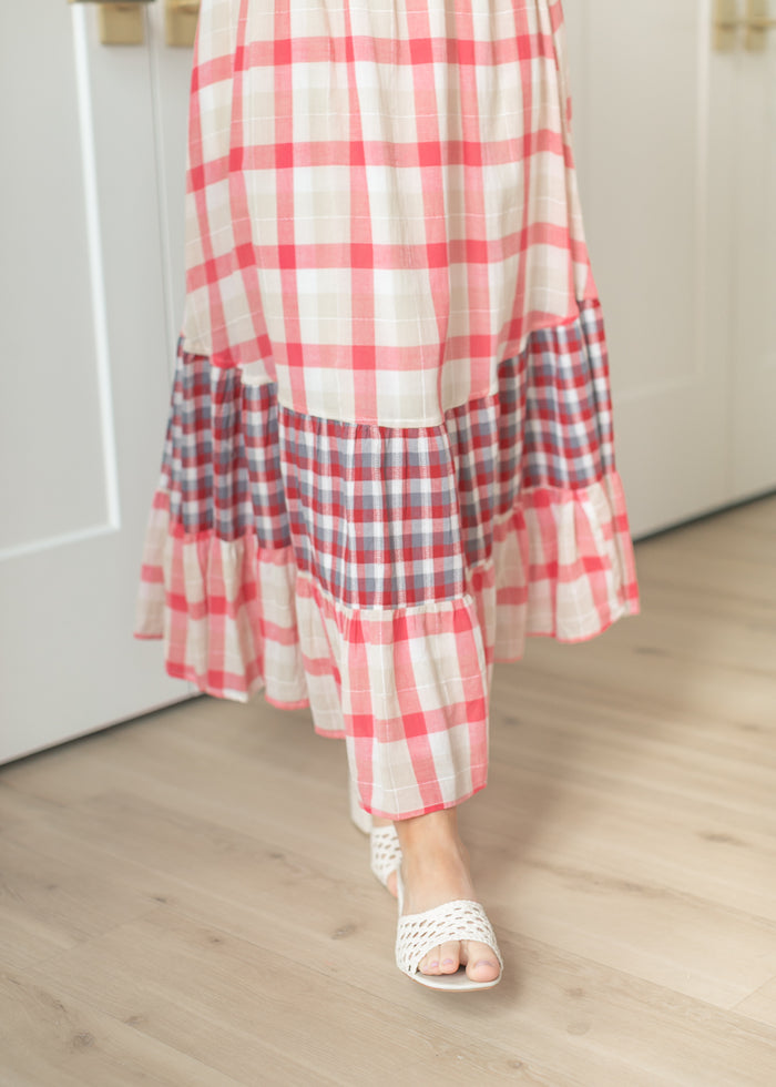 Plaid Tie Shoulder Maxi Dress FF Dresses