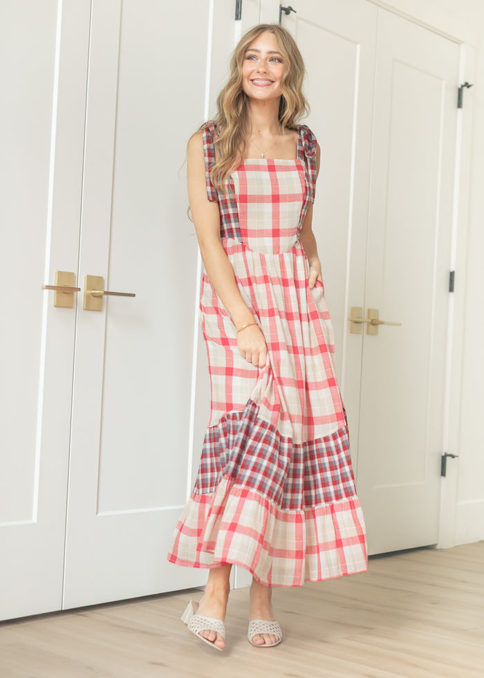 Plaid Tie Shoulder Maxi Dress FF Dresses S