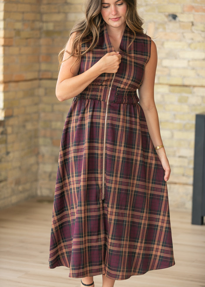 Plaid Zipper Front Maxi Dress FF Dresses