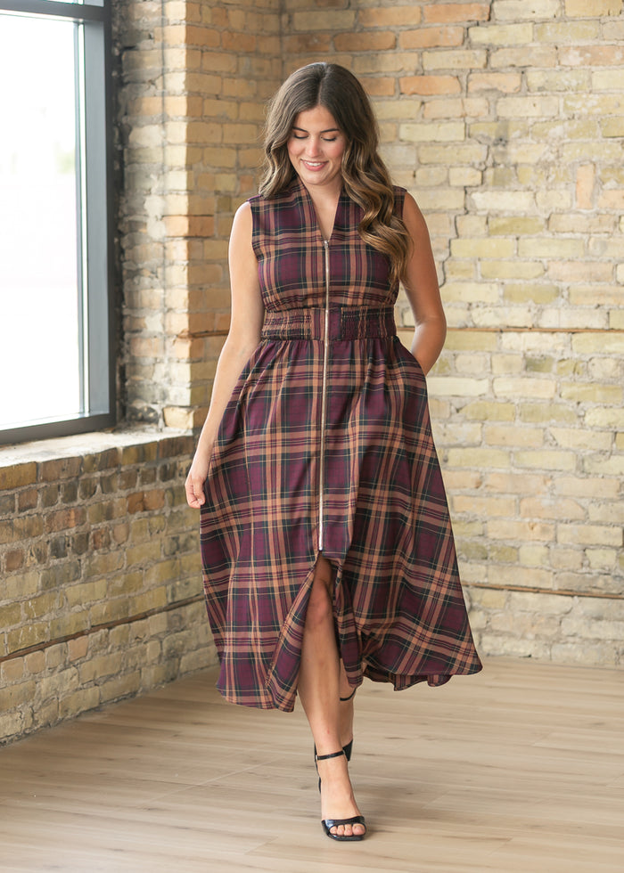 Plaid Zipper Front Maxi Dress FF Dresses