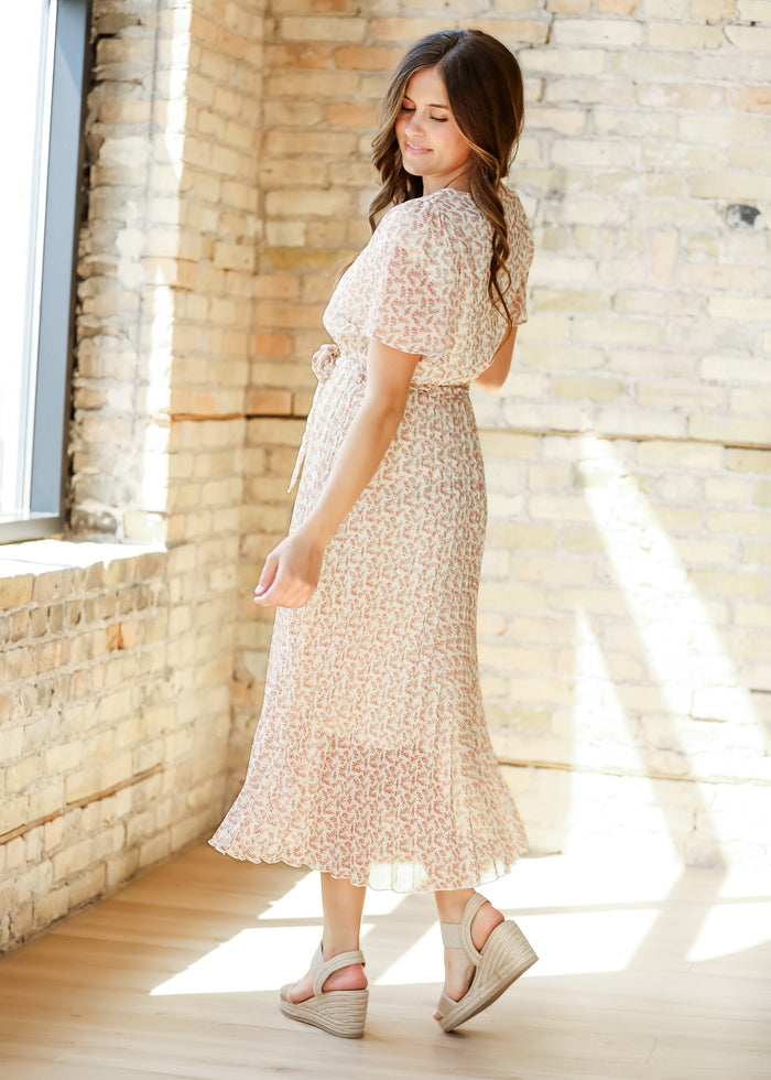 Pleated Floral Waist Tie Maxi Dress FF Dresses
