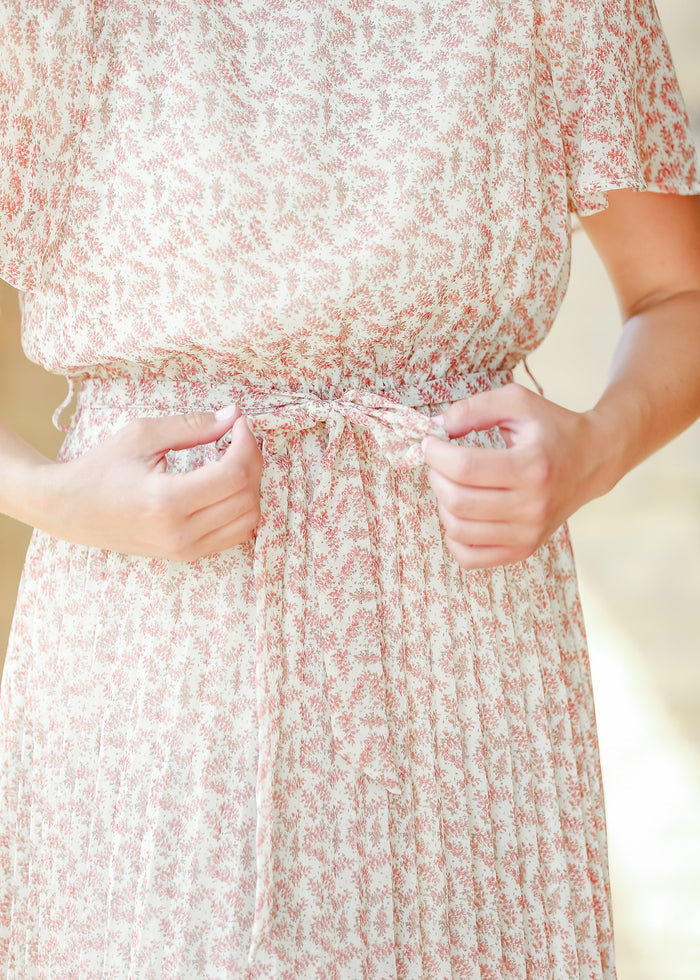 Pleated Floral Waist Tie Maxi Dress FF Dresses