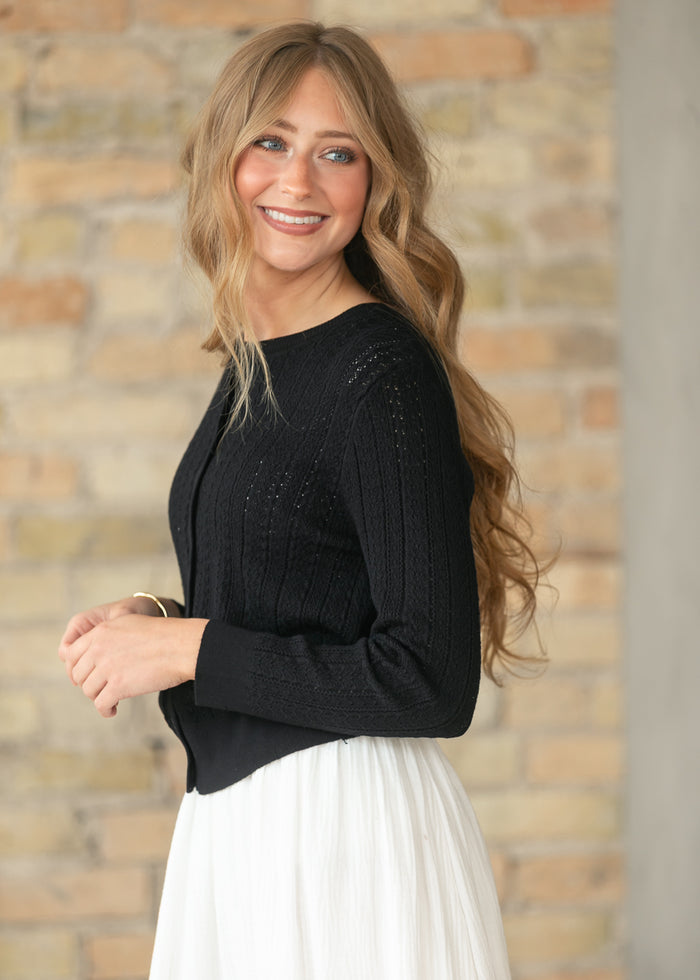 Pointelle Black Long Sleeve Cardigan FF Tops