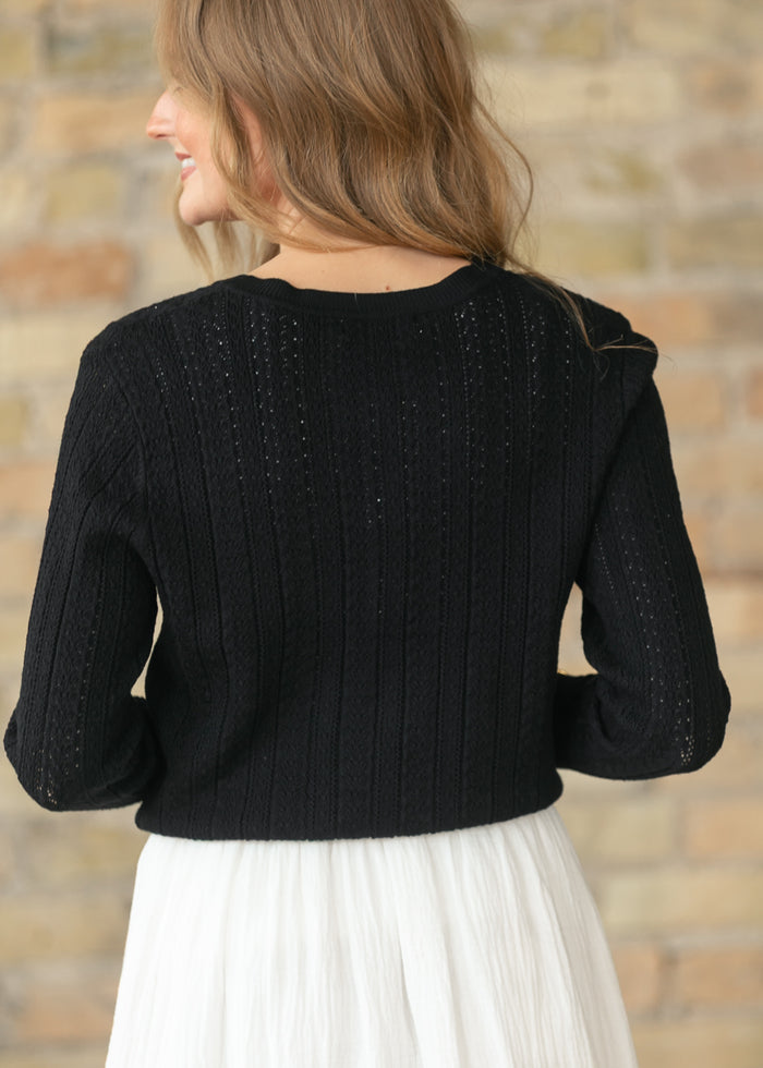 Pointelle Black Long Sleeve Cardigan FF Tops