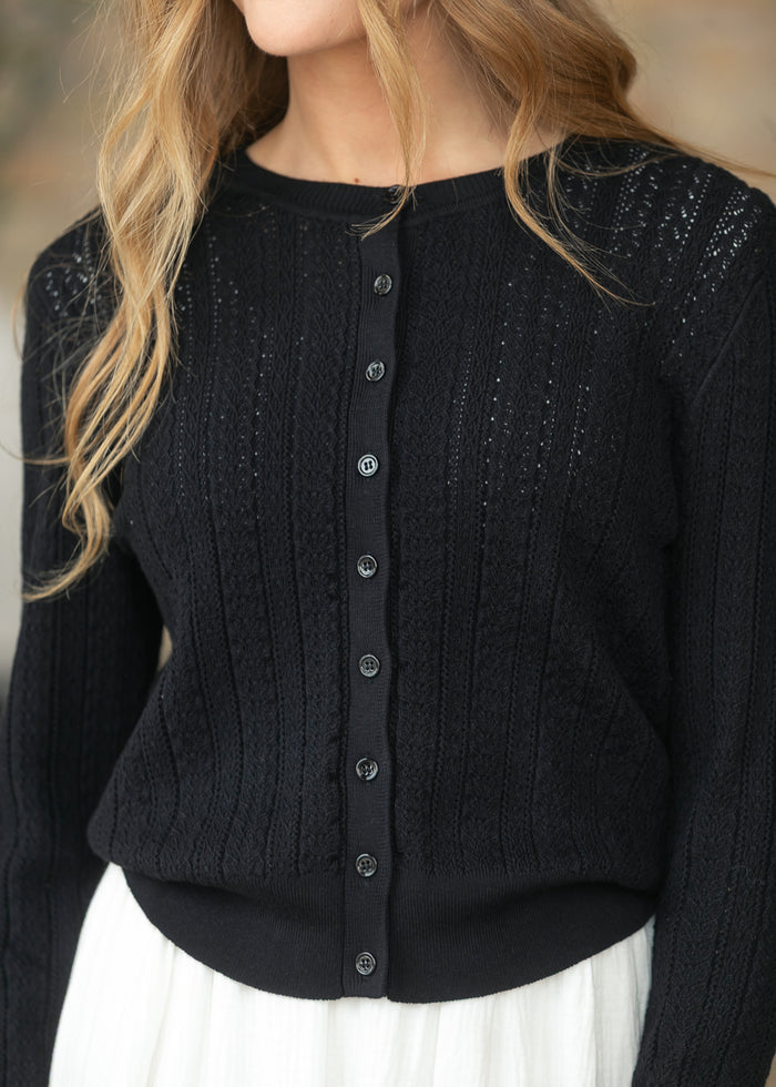 Pointelle Black Long Sleeve Cardigan FF Tops
