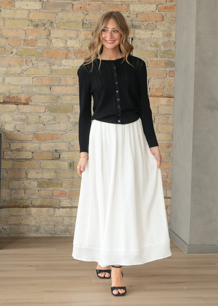 Pointelle Black Long Sleeve Cardigan FF Tops