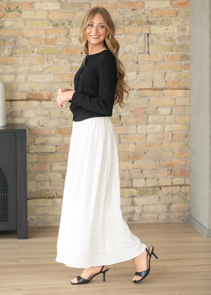 Pointelle Black Long Sleeve Cardigan FF Tops