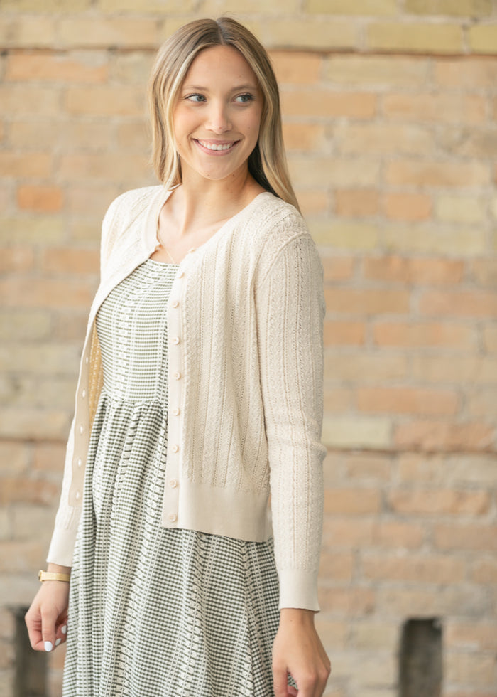 Pointelle Cream Long Sleeve Cardigan FF Tops