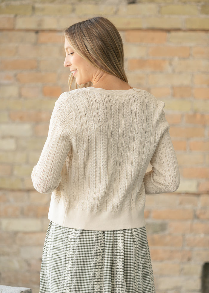 Pointelle Cream Long Sleeve Cardigan FF Tops