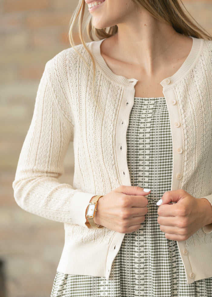 Pointelle Cream Long Sleeve Cardigan FF Tops