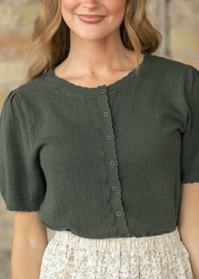 Pointelle Knit Short Sleeve Cardigan FF Tops