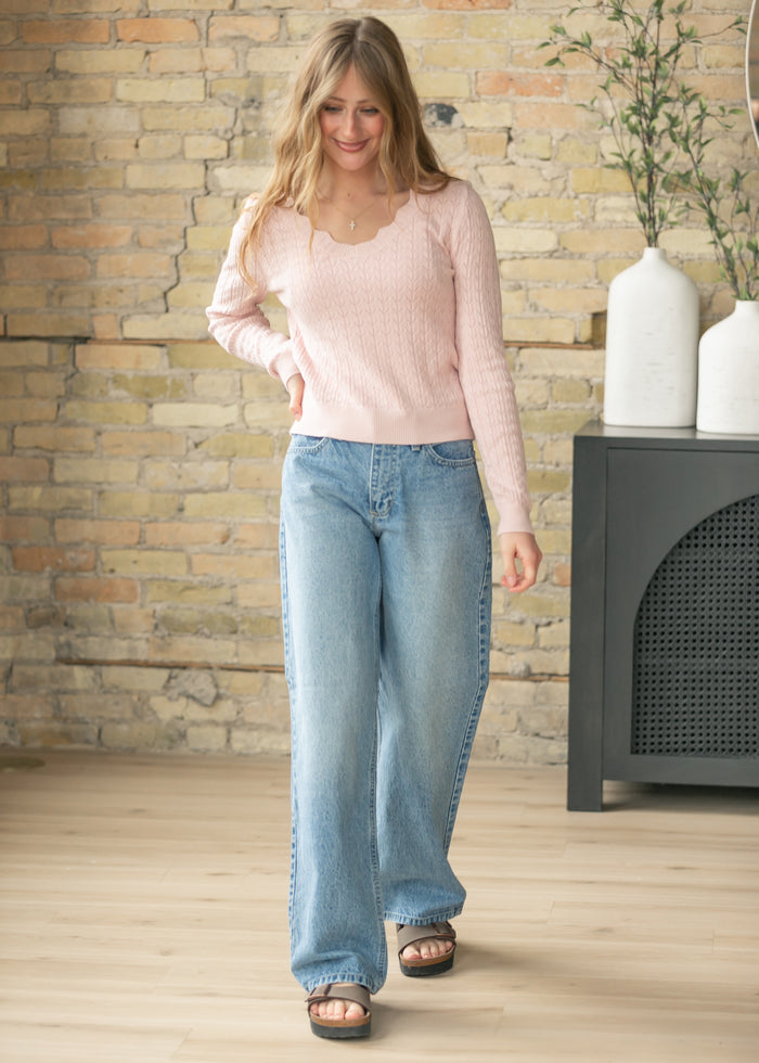 Pointelle Knit V Neck Sweater FF Tops
