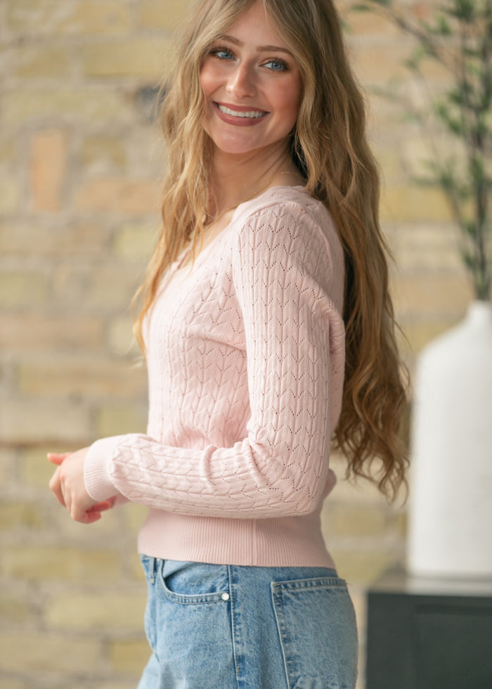 Pointelle Knit V Neck Sweater FF Tops