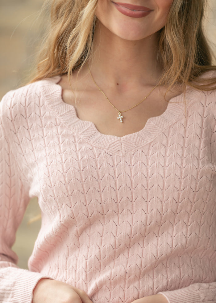 Pointelle Knit V Neck Sweater FF Tops