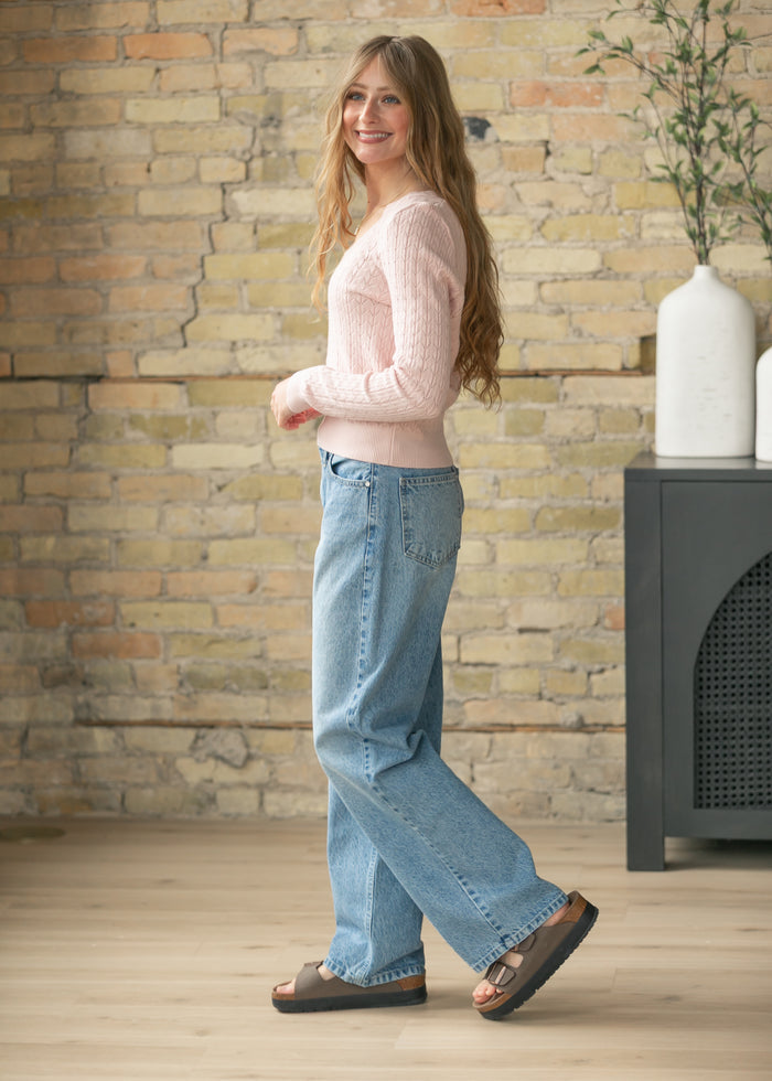 Pointelle Knit V Neck Sweater FF Tops