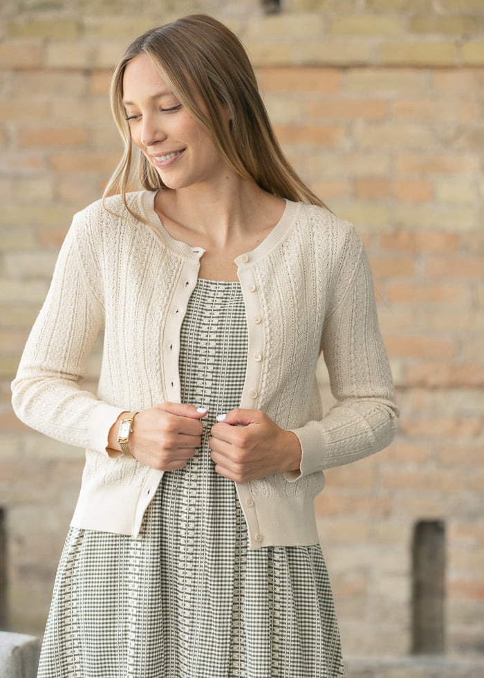 Pointelle Cream Long Sleeve Cardigan FF Tops