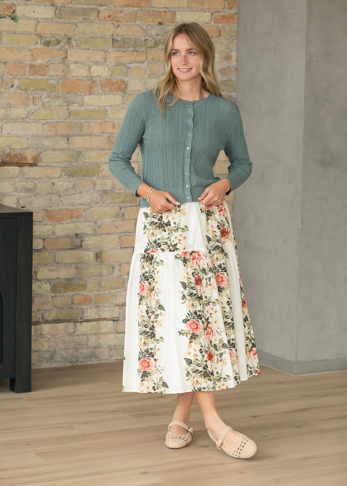 Pointelle Spruce Long Sleeve Cardigan FF Tops