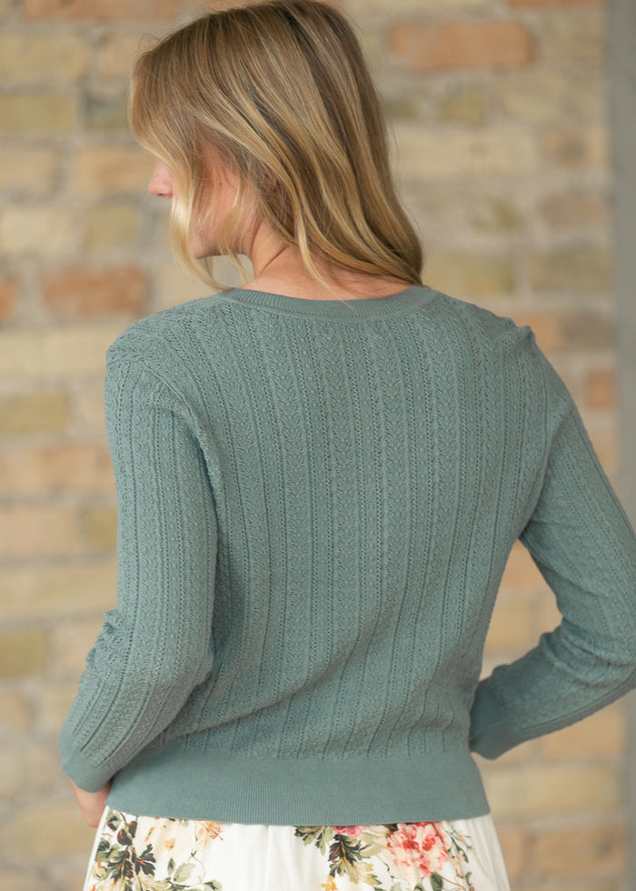 Pointelle Spruce Long Sleeve Cardigan FF Tops