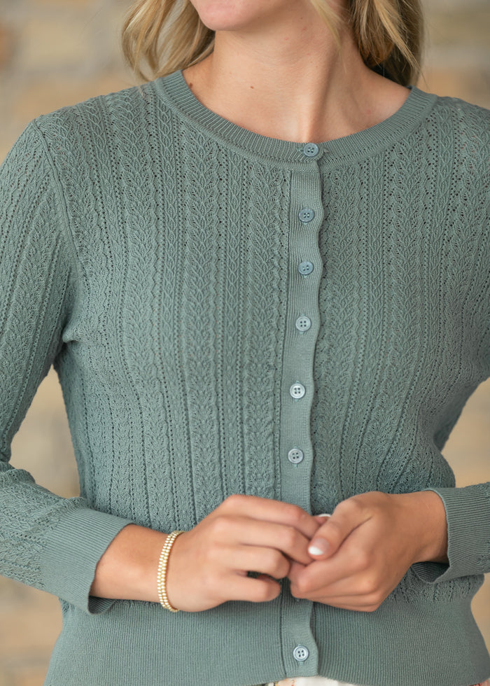 Pointelle Spruce Long Sleeve Cardigan FF Tops